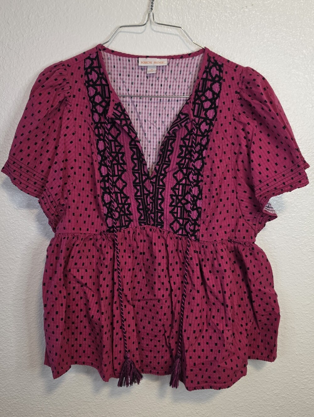 Knox Rose Boho Pink Black Polka Dot Embroidered Tassel Peasant Blouse